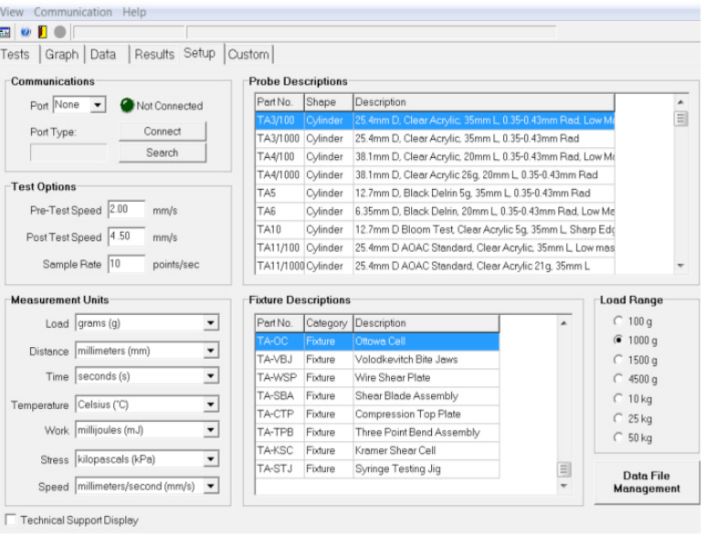 Choice of Test Parameter Units Appear on This Screen on Texture Analyser